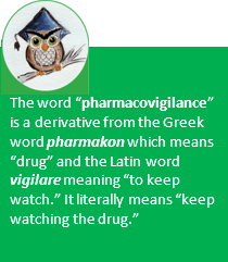 The word ''pharmacovigilance'' is a derivate from the Greek word pharmakon which means ''drug'' and the latin world vigilance meaning to keep watch'' it Literally means ''keep watching the drug''