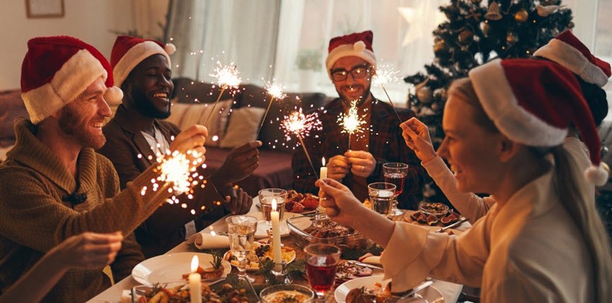 Family enjoying Christmas dinner, relaxed and anxiety-free