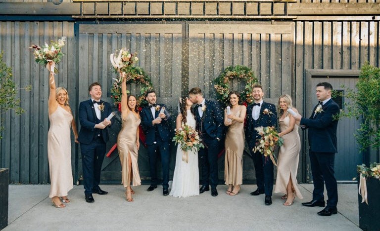 Cróna and Brendan (center) sharing kiss as bridal party celebrate